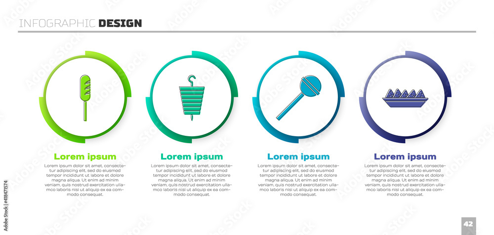 将炸香肠、烤羊肉串、棒棒糖和玉米片放在盘子里。商业信息图模板。