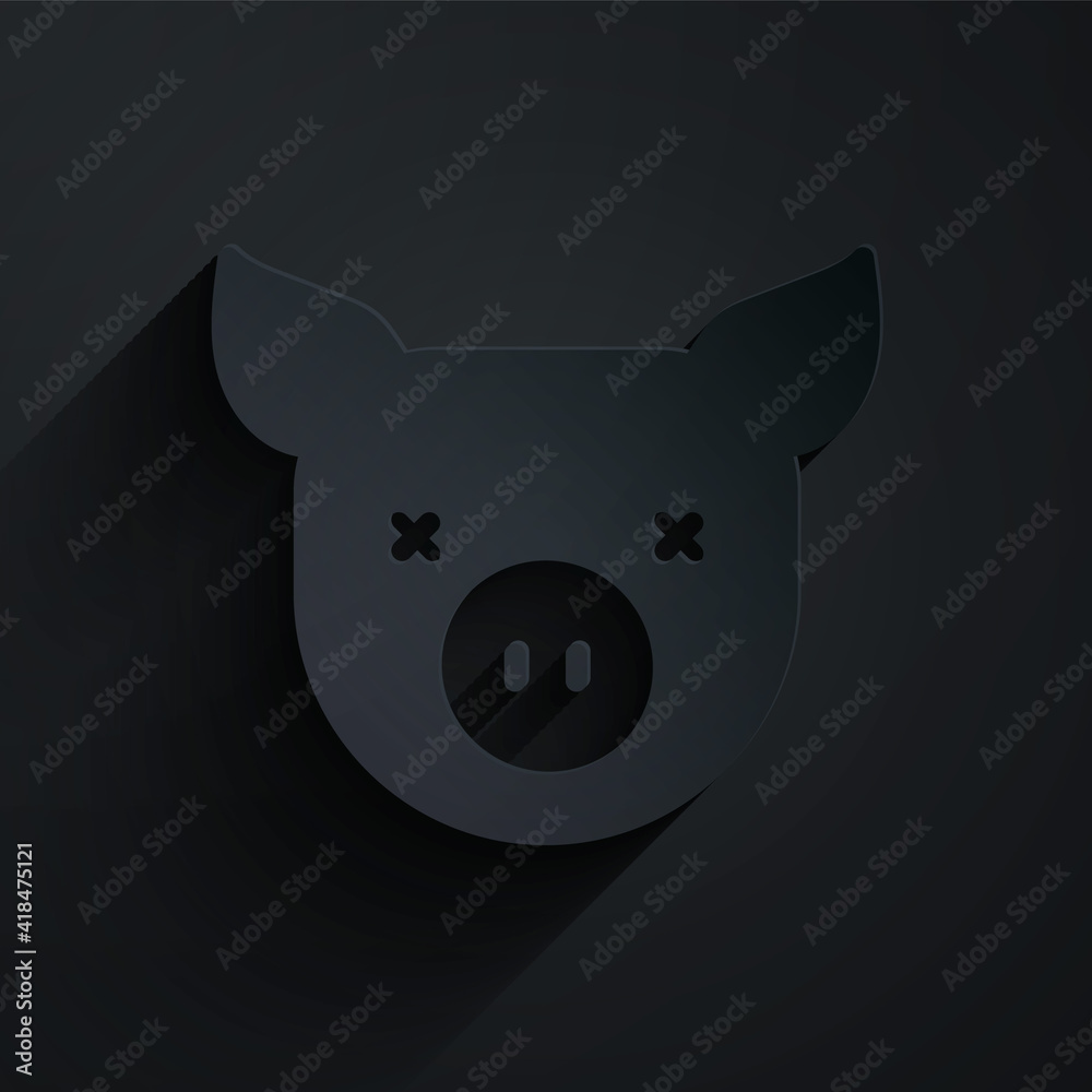 Paper cut Pig icon isolated on black background. Animal symbol. Paper art style. Vector.