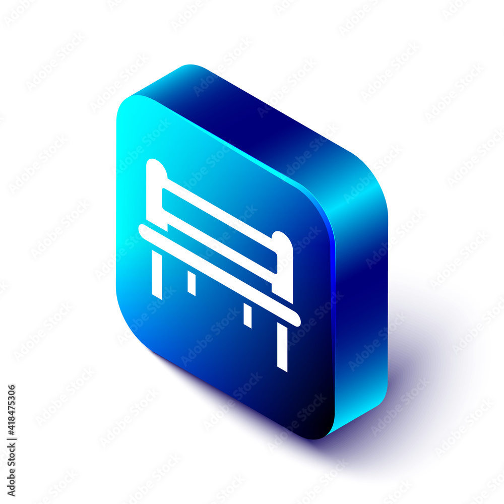 Isometric Romantic bench icon isolated on white background. Blue square button. Vector.