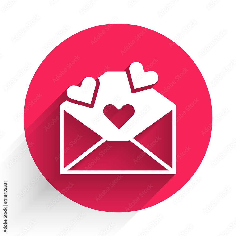 White Envelope with Valentine heart icon isolated with long shadow. Message love. Letter love and ro