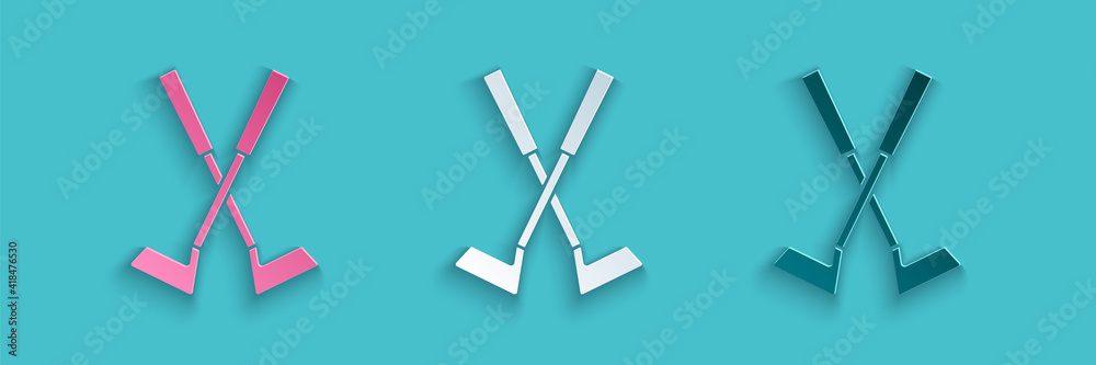 Paper cut Crossed golf club icon isolated on blue background. Paper art style. Vector.