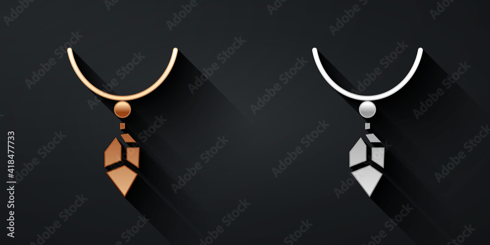 Gold and silver Necklace with crystal icon isolated on black background. Long shadow style. Vector.