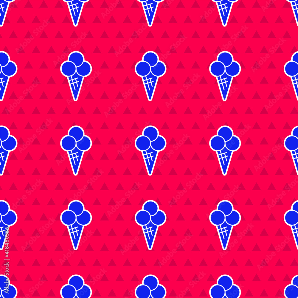 Blue Ice cream in waffle cone icon isolated seamless pattern on red background. Sweet symbol. Vector