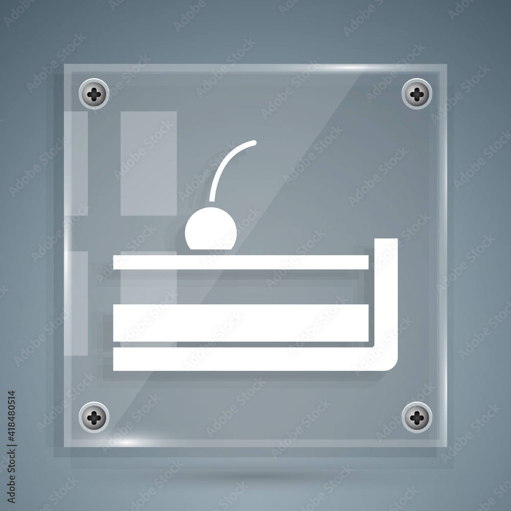 White Cherry cheesecake slice with fruit topping icon isolated on grey background. Square glass pane