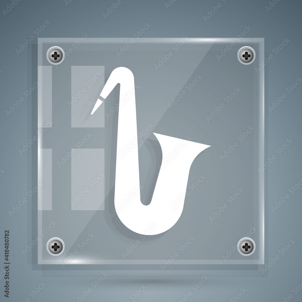 White Musical instrument saxophone icon isolated on grey background. Square glass panels. Vector.