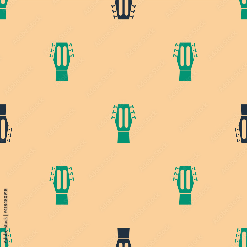 Green and black Guitar icon isolated seamless pattern on beige background. Acoustic guitar. String m