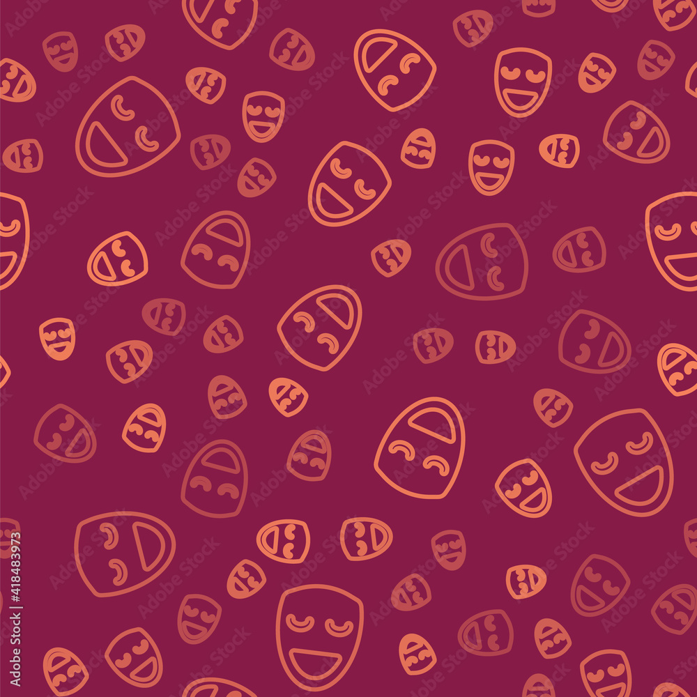 Brown line Comedy theatrical mask icon isolated seamless pattern on red background. Vector.