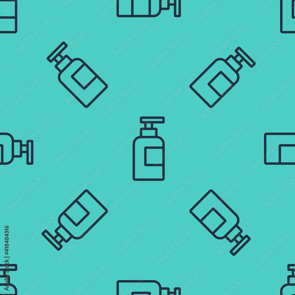 Black line Bottle of shampoo icon isolated seamless pattern on green background. Vector.