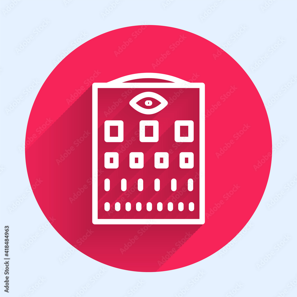 White line Eye test chart icon isolated with long shadow. Poster for vision testing in ophthalmic st