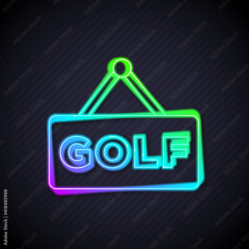 Glowing neon line Golf label icon isolated on black background. Vector.