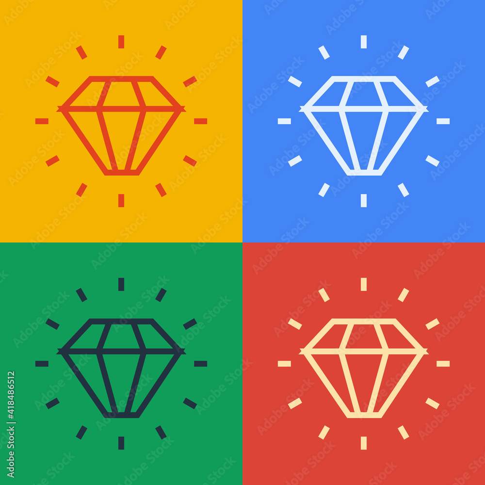 Pop art line Diamond icon isolated on color background. Jewelry symbol. Gem stone. Vector.