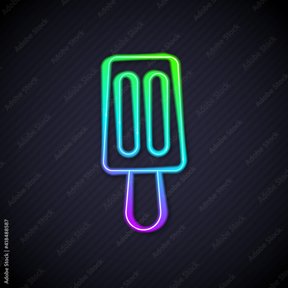 Glowing neon line Ice cream on stick icon isolated on black background. Sweet symbol. Vector.