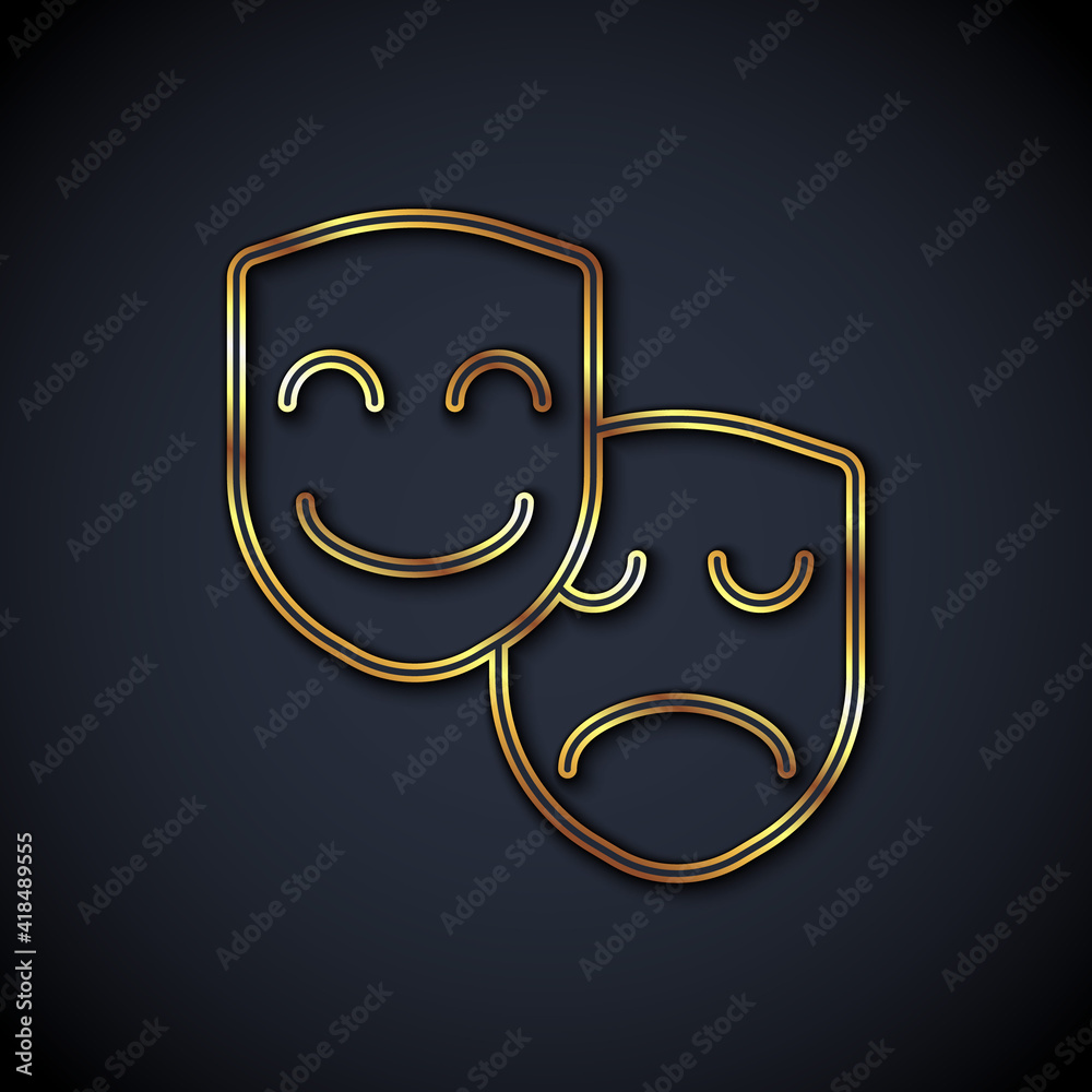 Gold line Comedy and tragedy theatrical masks icon isolated on black background. Vector.