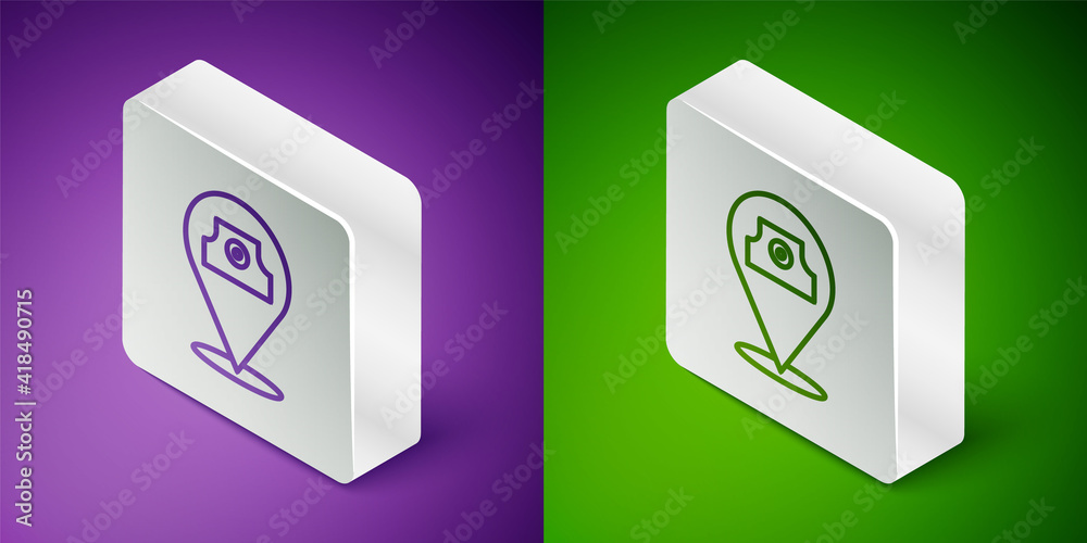 Isometric line Paint spray can icon isolated on purple and green background. Silver square button. V