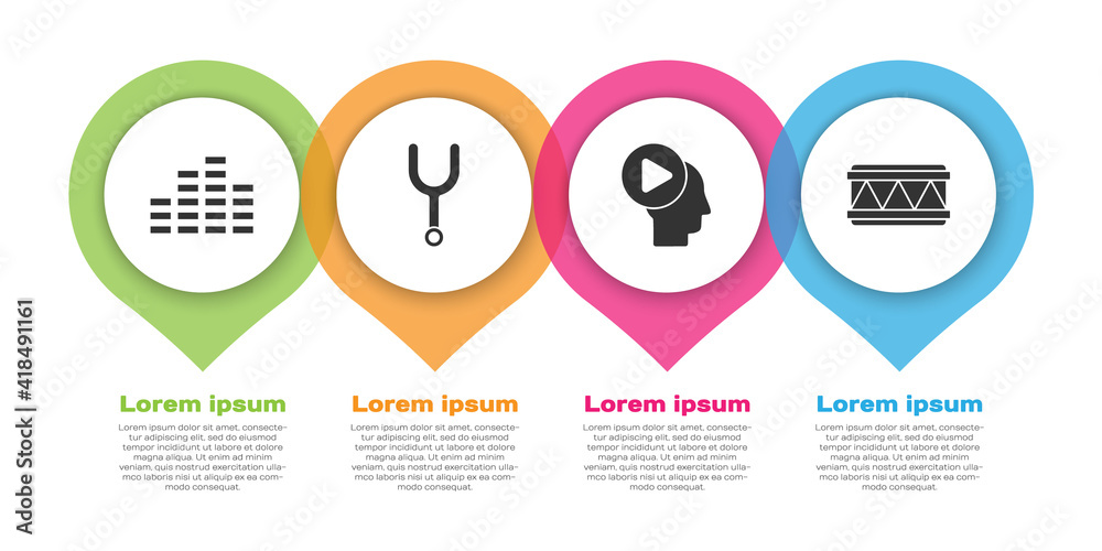 设置音乐均衡器、音乐音叉、带播放按钮和鼓的人头。商业信息图