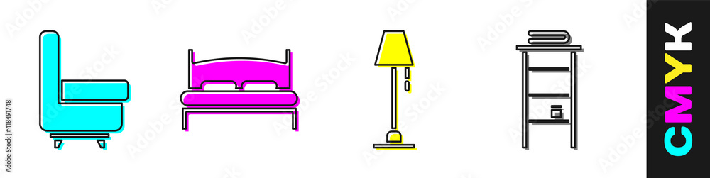 设置扶手椅、大床、落地灯和带毛巾架的浴室架图标。矢量。