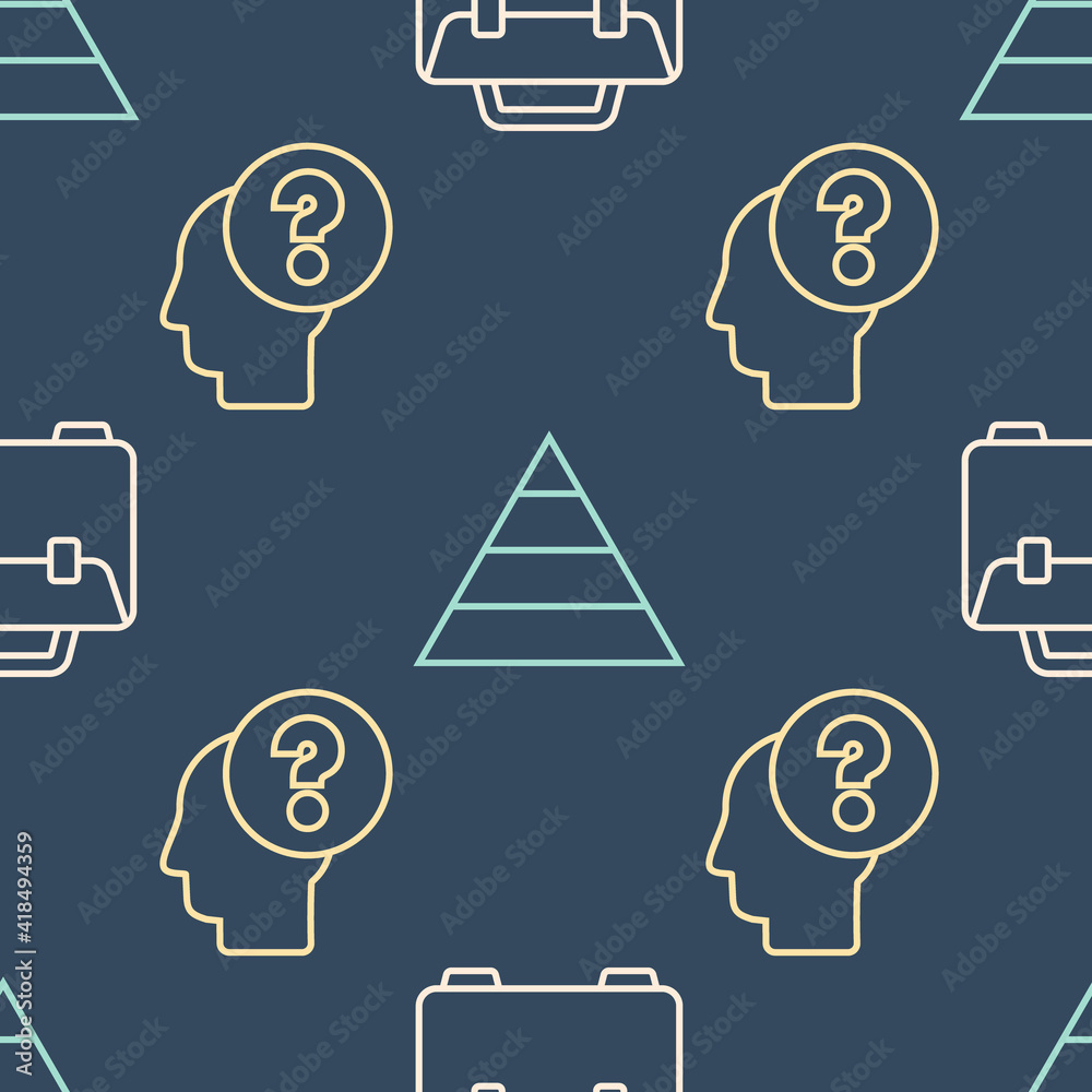 Set line Briefcase, Human head with question mark and Pyramid chart infographics on seamless pattern