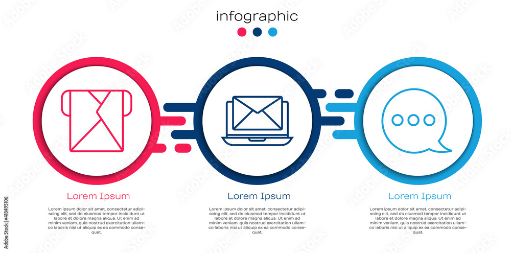 设线信封，带信封的笔记本电脑和语音气泡聊天。商业信息图模板。Vecto