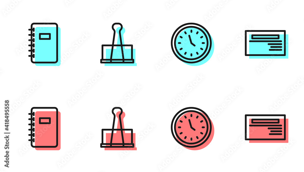 Set line Clock, Spiral notebook, Binder clip and Business card icon. Vector.