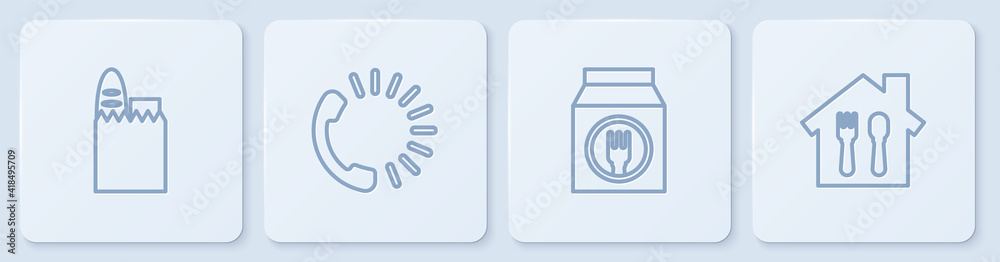 Set line Shopping bag and food, Online ordering delivery, Food and . White square button. Vector.