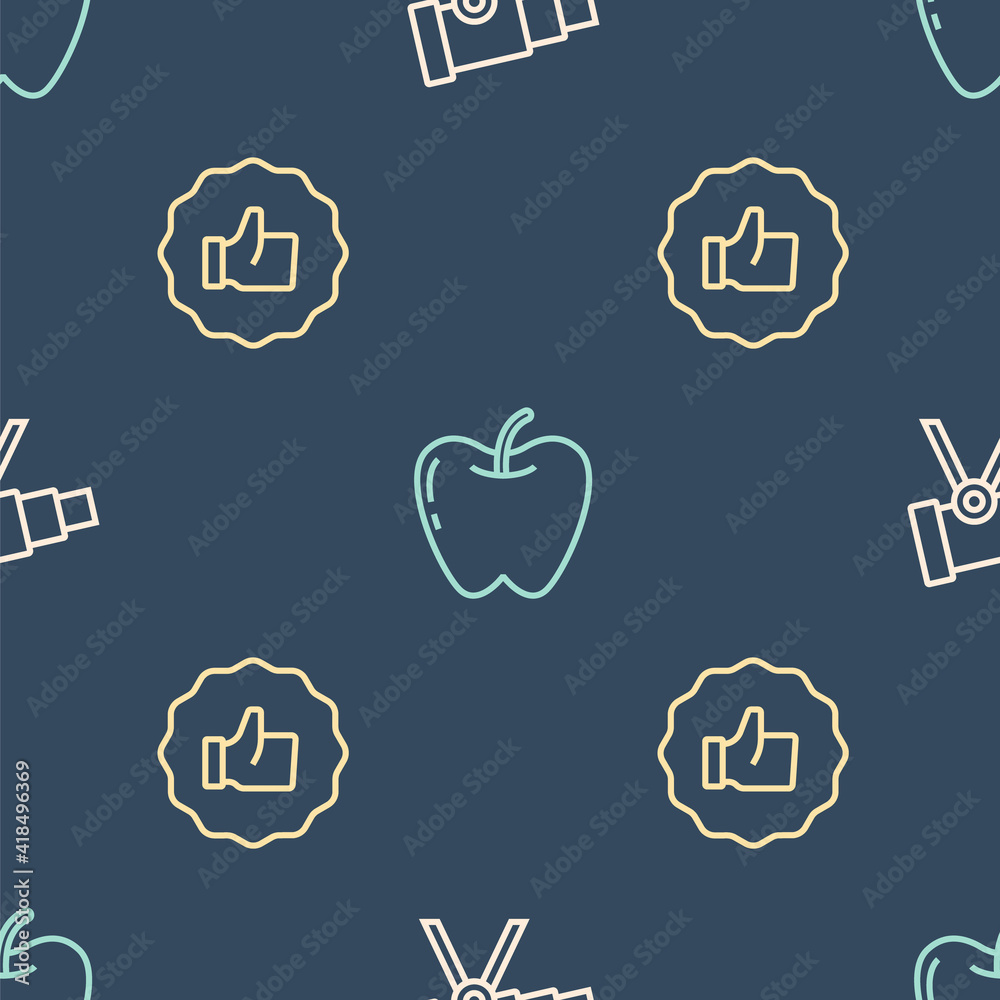 Set line Telescope, Hand thumb up and Apple on seamless pattern. Vector.