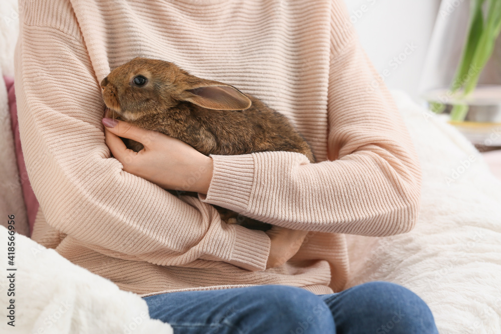 家里养着可爱兔子的年轻女人