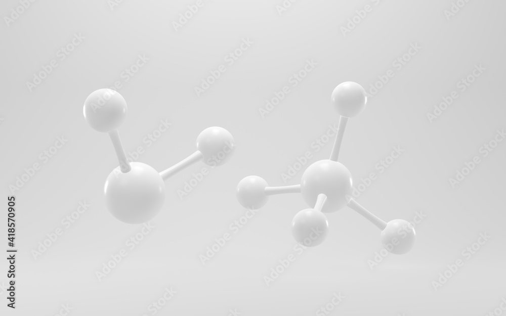 白色背景的简单化学分子，三维渲染。