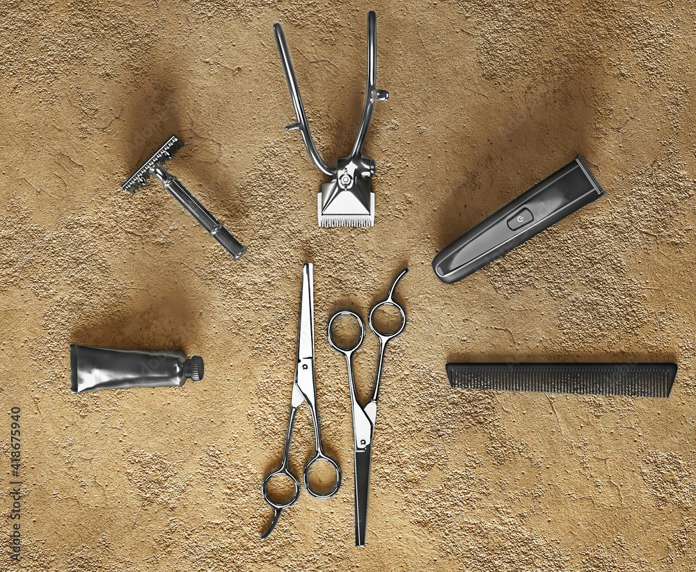 Barbershop tools on a dark background. 3d illustration