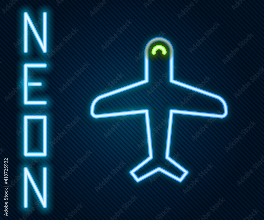 Glowing neon line Plane icon isolated on black background. Flying airplane icon. Airliner sign. Colo