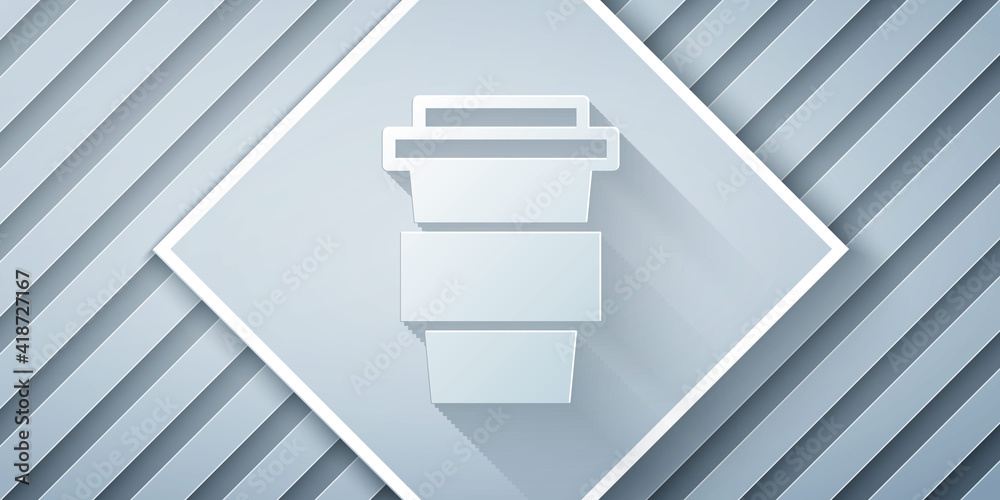 Paper cut Coffee cup to go icon isolated on grey background. Paper art style. Vector Illustration.