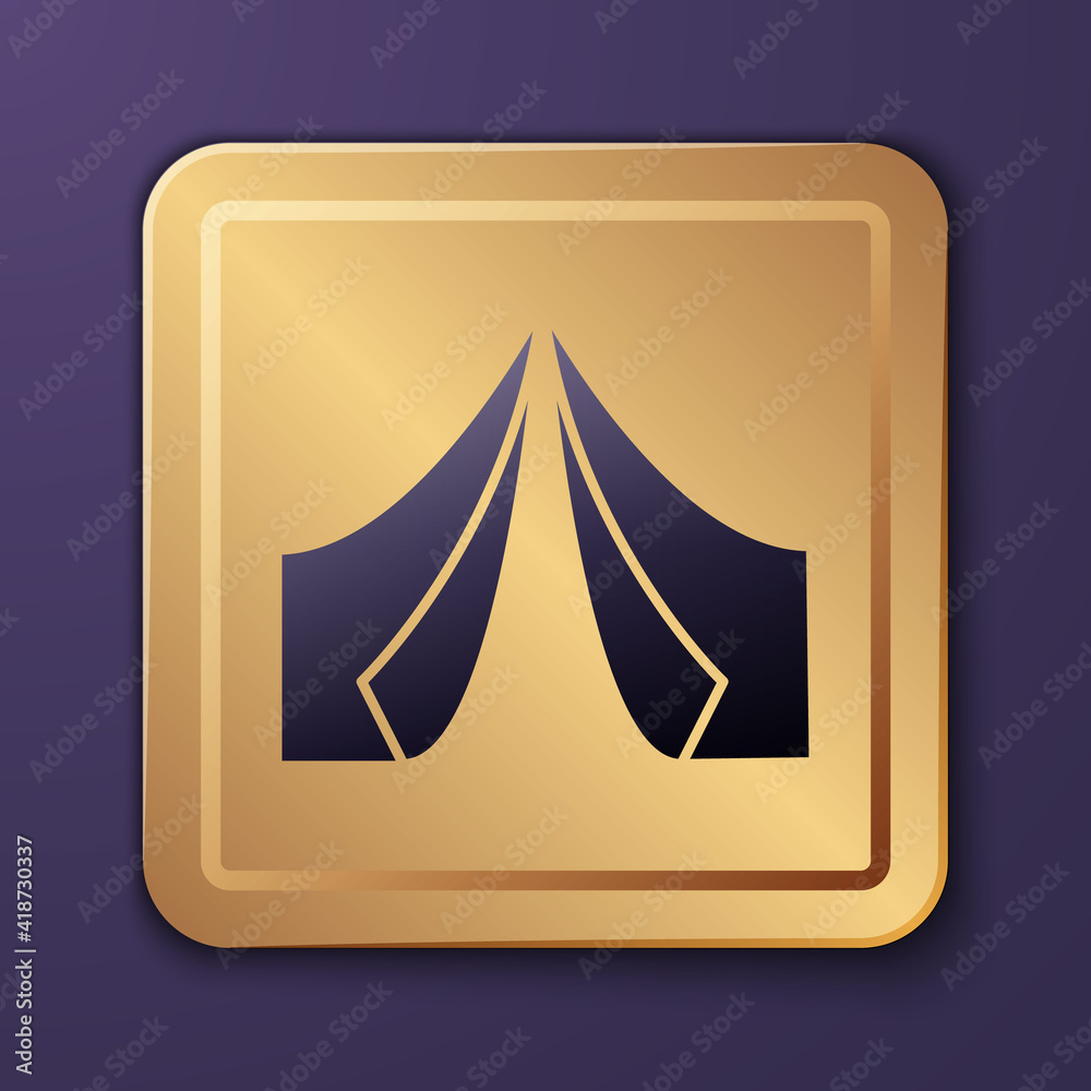 Purple Tourist tent icon isolated on purple background. Camping symbol. Gold square button. Vector.