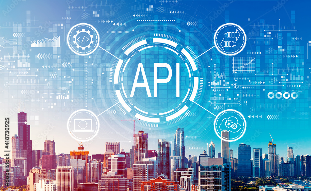 API - application programming interface concept with downtown Chicago cityscape skyscrapers