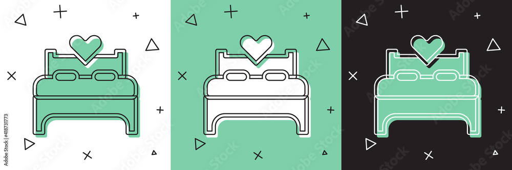 Set Bedroom icon isolated on white and green, black background. Wedding, love, marriage symbol. Bedr