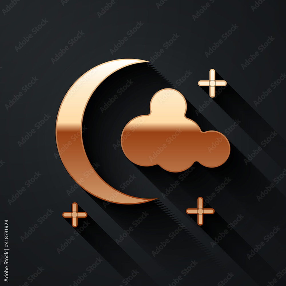 Gold Moon and stars icon isolated on black background. Long shadow style. Vector.