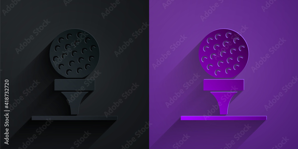 Paper cut Golf ball on tee icon isolated on black on purple background. Paper art style. Vector.