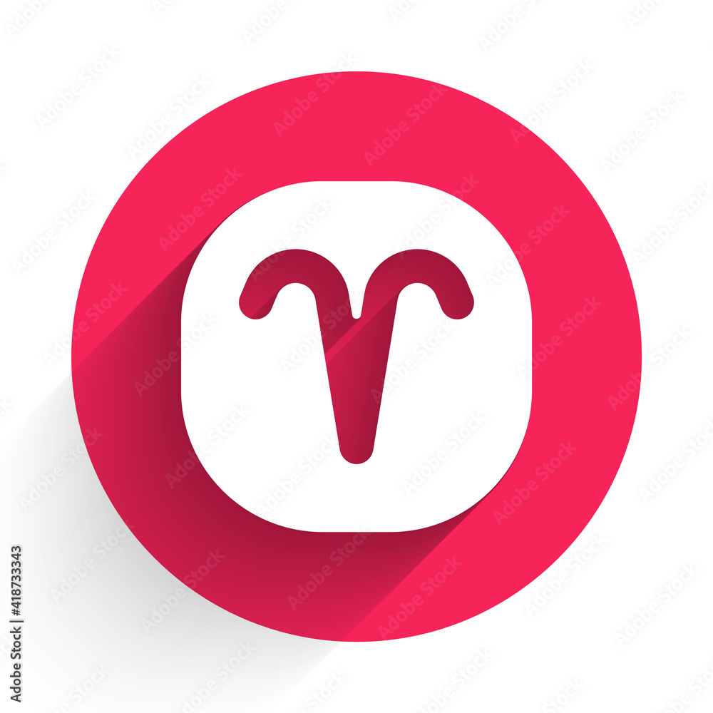 White Aries zodiac sign icon isolated with long shadow. Astrological horoscope collection. Red circl