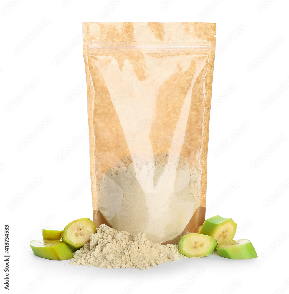 Bag with banana flour on white background