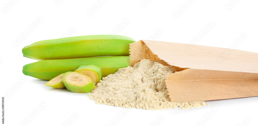 Bag with banana flour on white background