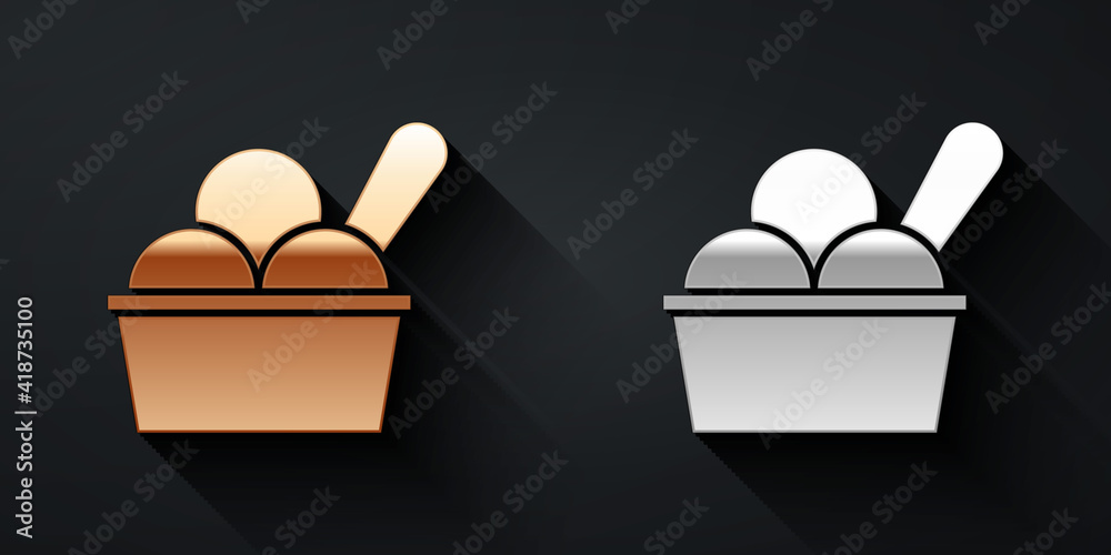 Gold and silver Ice cream in the bowl icon isolated on black background. Sweet symbol. Long shadow s