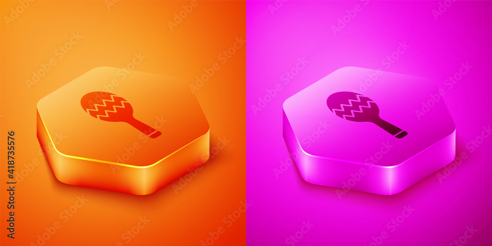 Isometric Maracas icon isolated on orange and pink background. Music maracas instrument mexico. Hexa