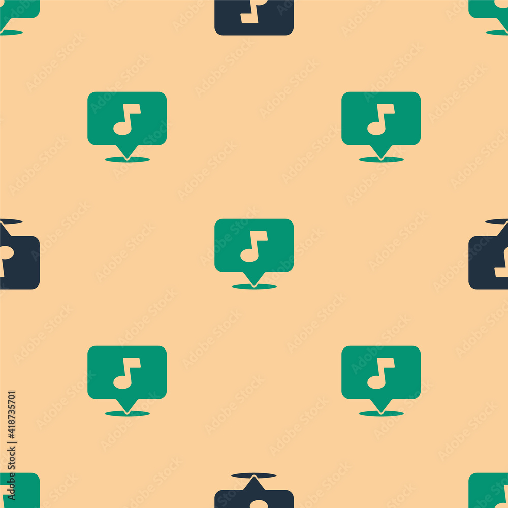 Green and black Music note, tone icon isolated seamless pattern on beige background. Vector.