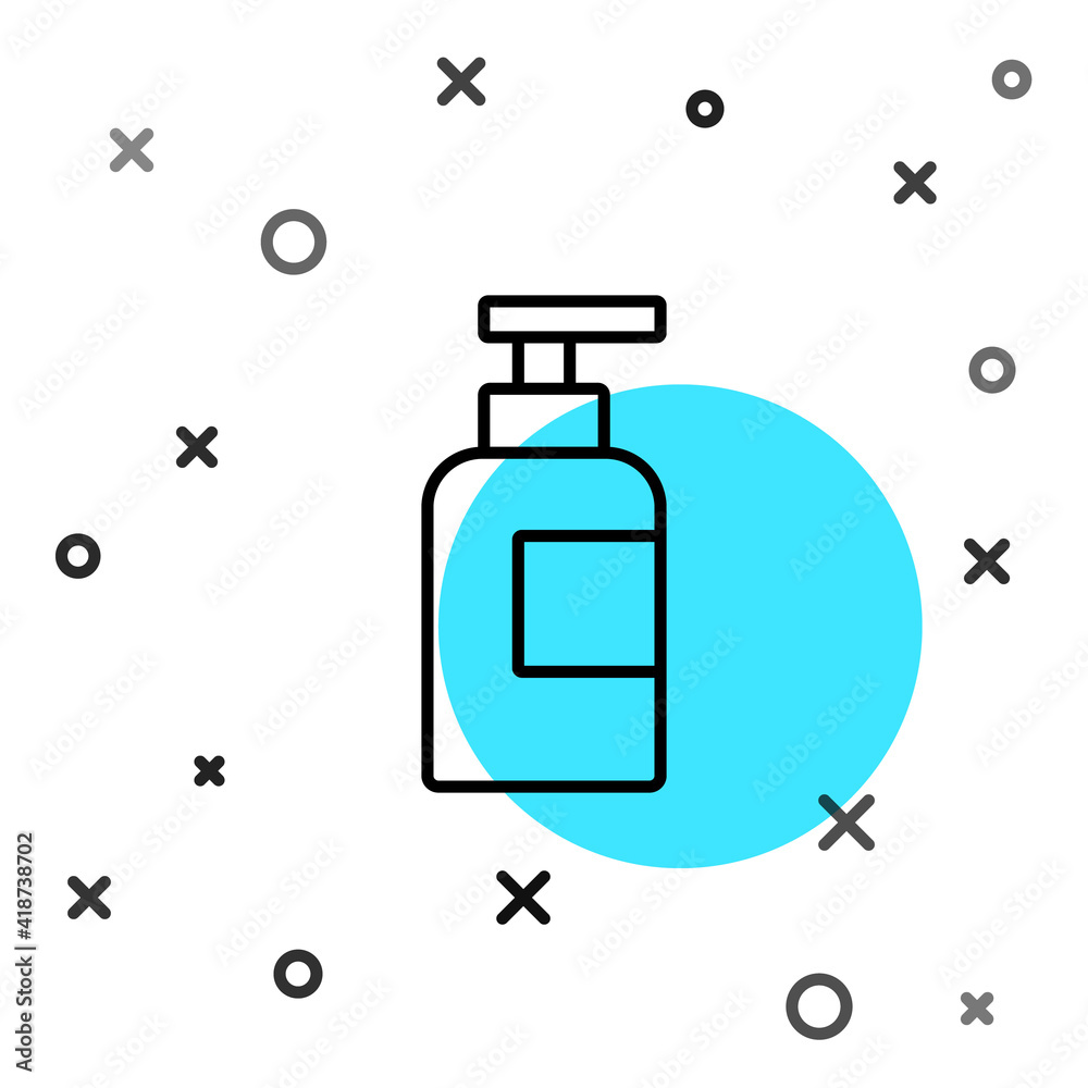 Black line Bottle of shampoo icon isolated on white background. Random dynamic shapes. Vector.