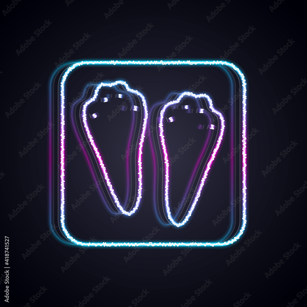 Glowing neon line Rabbit and hare paw footprint icon isolated on black background. Vector.