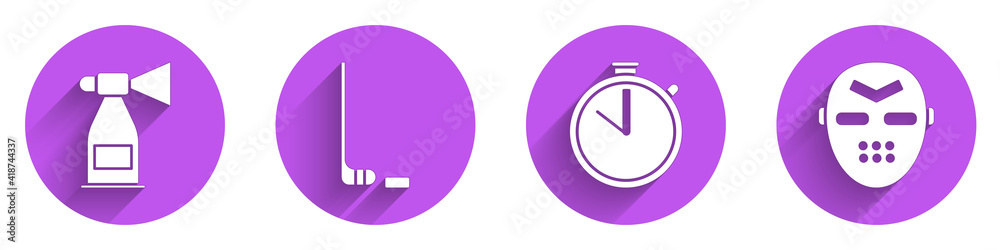 设置空气喇叭、冰球杆和冰球、秒表和冰球面具图标，带长阴影。矢量。