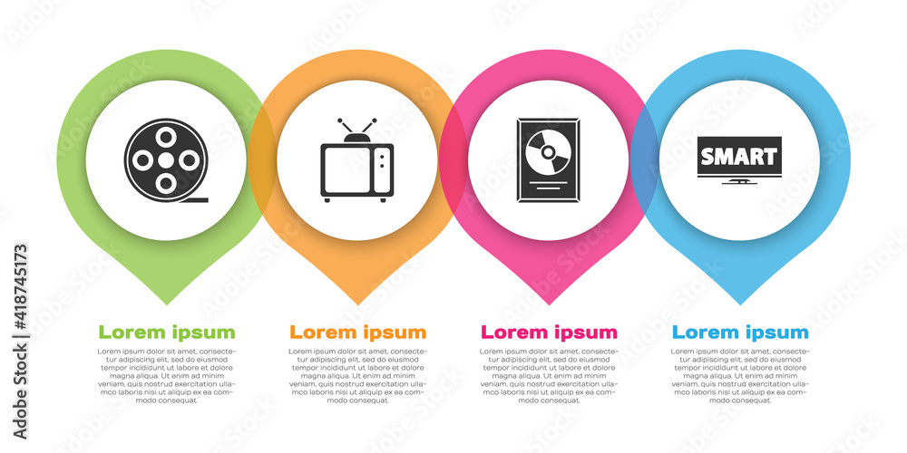 Set Film reel, Retro tv, CD disk award in frame and Screen tv with Smart video. Business infographic