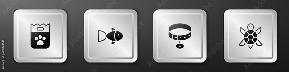 Set Bag of food, Fish, Collar with name tag and Turtle icon. Silver square button. Vector.