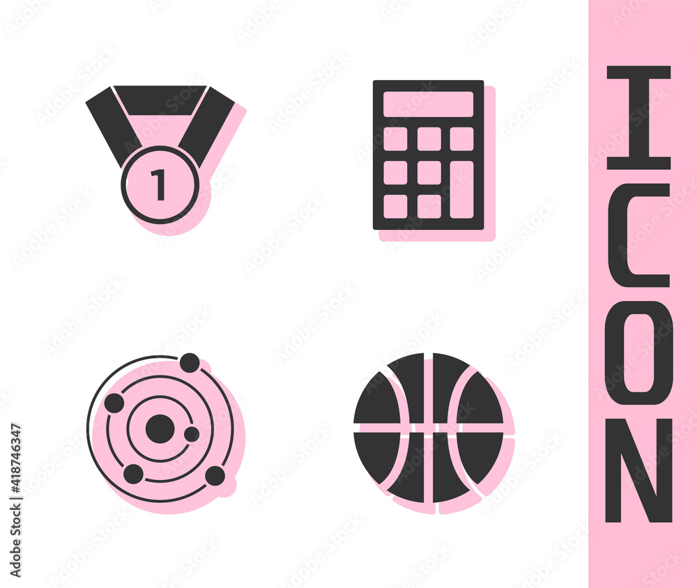 Set Basketball ball, Medal, Solar system and Calculator icon. Vector.