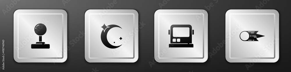 设置操纵杆、月亮和星星、宇航员头盔和彗星快速坠落图标。银色方形屁股