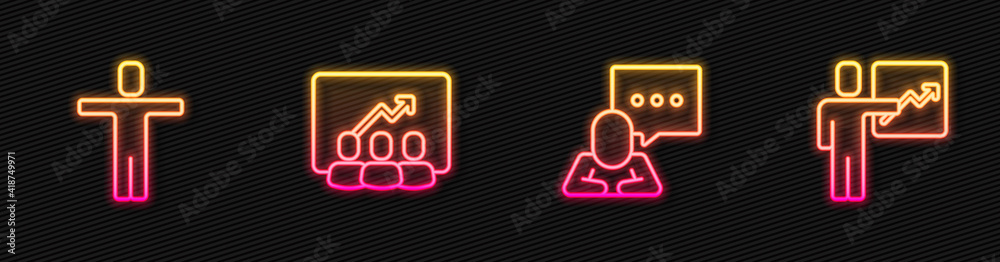 Set line Speech bubble chat, Head hunting, Project team base and Team leader. Glowing neon icon. Vec