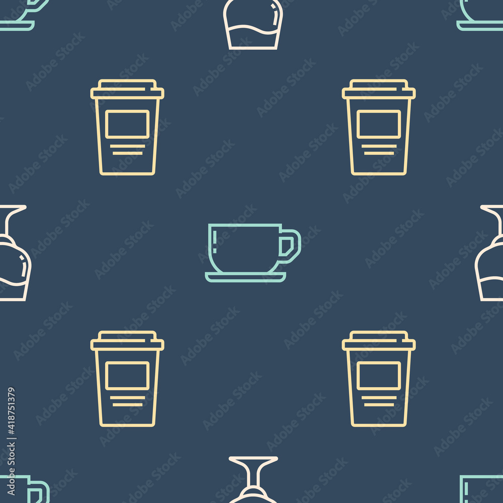 Set line Wine glass, Coffee cup to go and on seamless pattern. Vector.